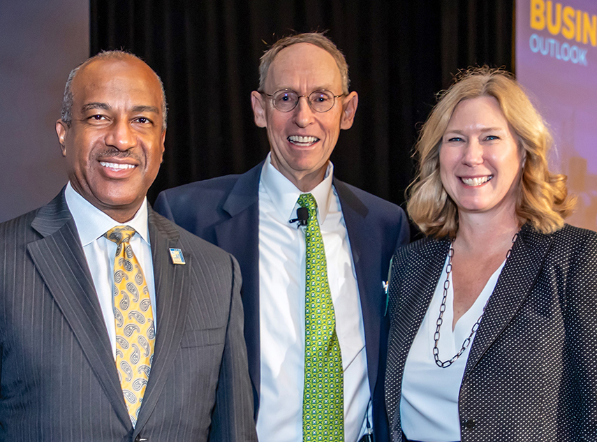 This year’s panel – UC Davis Chancellor Gary S. May, River City Bank’s Steve Fleming, and Beth Vaughan of the California Choice Association at the Business Outlook Event