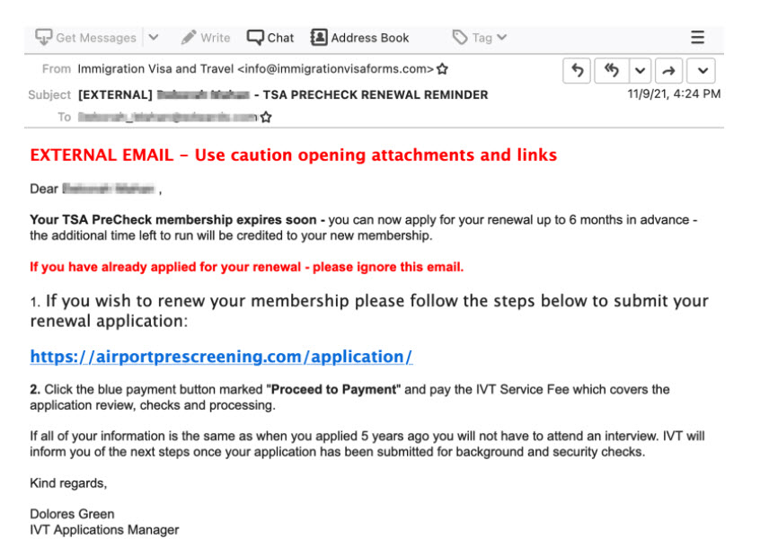 TSA PreCheck Scam Email